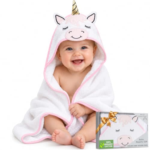100% Organic Cotton Baby Toddler Bath Towel Ultra-Soft 33x33 in | Oeko-TEX Certified, Bath & Hooded Towels, Toddler Towels, Baby Bath Towel, Unicorn, For Baby Girls, Cozy hood keeps baby
