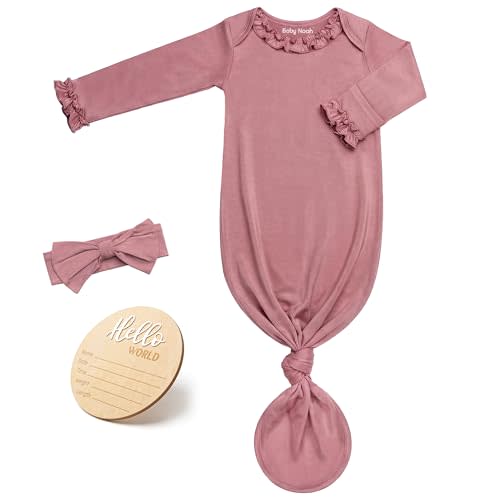 Newborn Knotted Gown for Baby Girls with Ruffle Neck & Sleeves, Newborn Sleepers Outfit with Bow Headband & Announcement Sign