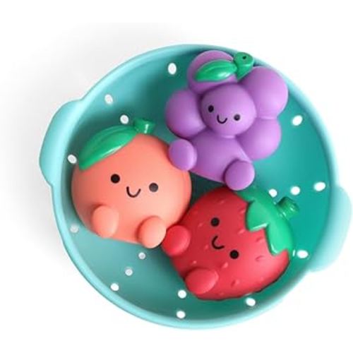 Itzy Ritzy Bath Squirter Toys – Set of 3 Textured, Fruit-Shaped Bath Toys & 1 Sprinkle Strainer – Itzy Splash Pals Promote Sensory Play, Cause & Effect, & Motor Skill Development – 6 Mos & Up (Fruit)
