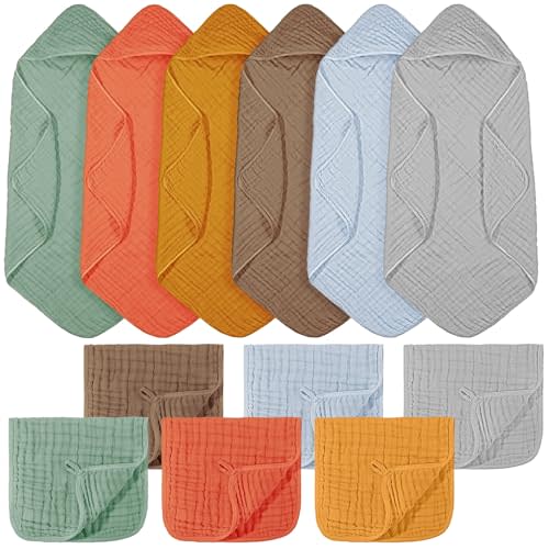 VitalCozy 12 Pcs Baby Muslin Hooded Bath Towels and Washcloths, Muslin Hooded Baby Towels Absorbent Blankets for Gift Newborn Infant Shower (Warm Color)