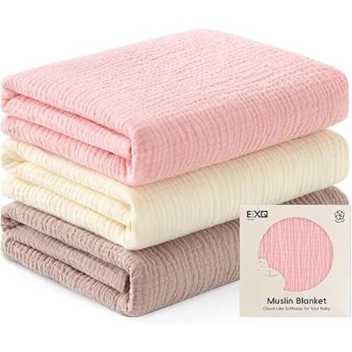 EXQ Home Muslin Swaddle Blankets for Baby, 3 Pack Cotton Breathable Soft Receiving Blankets for Newborn Boys and Girls, Baby Essentials & Gift, 38x40 inches(Pink)
