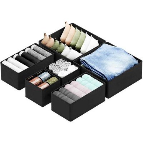 Set of 6 Collapsible Drawer Organizer Bins for Clothes, Closet Organizers and Storage Dividers for Clothing (Black)