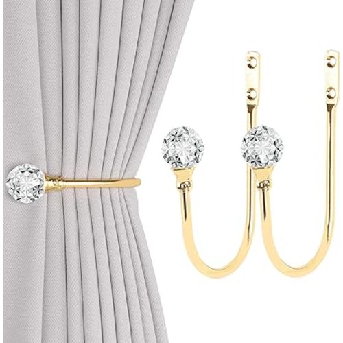 2 x Heavy Duty U Shaped Metal Curtain Holdbacks Curtain Tiebacks with Clear Crystal Ball Pull Backs Curtain Holders for Drapes (Gold)