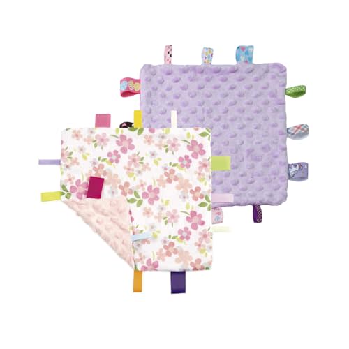 CREVENT Tag Security Blankets for Babies, Soft Small Loveys for Girls, Baby Comforter Sensory Blanket, Great Gifts for Birthday Baby Shower 10"X10" (Wildflow+Purple)