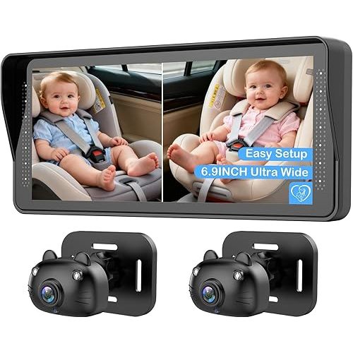 Dual Baby Car Camera for 2 Kids - 6.9'' Split Screen Ultrawide HD Display with Two Cameras, Easy Setup, Rotatable Night Vision Cameras, Ideal for Parents, Grandparents, Safe & Clear Viewing