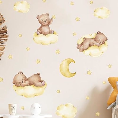 Cute Yellow Sleeping Baby Bear Wall Stickers, sacinora Moon and Stars DIY Art Wall Decals Removable Vinyl Peel and Stick for Kids Baby Nursery Bedroom Toddler Room Kindergarten Decorations