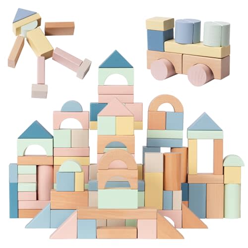 Nene Toys 100-Piece Wooden Building Blocks for Toddlers 1-3 - Soft Pastel Wood Blocks Set for Kids 1-4 - Montessori Stacking & Sorting Toy - FSC-Certified Construction Blocks Gift for Boys & Girls