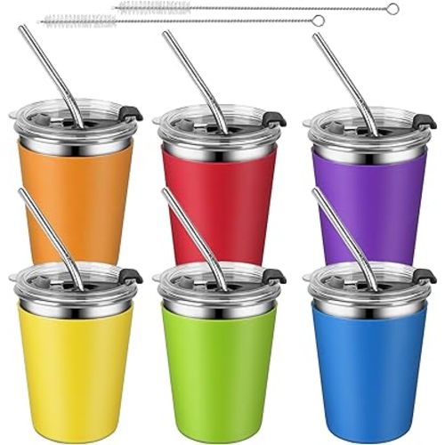 ShineMe Cups With Lids and Straws, 6pack Stainless Steel Toddler Tumbler with Metal Straws, Unbreakable Kids Sippy Cups with Colorful Silicone Sleeves for Cold & Hot Drinks