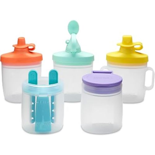 Pyrex Littles (10-PC) Silicone Baby Toddler Feeding Set, 5 OZ Pouches, Sippy Cup, Food & Beverage Lids, Airtight Leak-Proof, BPA Free Non-Breakable Dishwasher Safe, Ages 6 Months +