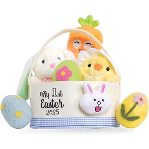 Wangchao Craft Baby Easter Basket 7 Pcs My First Easter Basket for Kids Stuffed Plush Playset Bunny Egg Chick Carrot for Baby Toddler Girls Boys Party Decorations(Easter Basket)