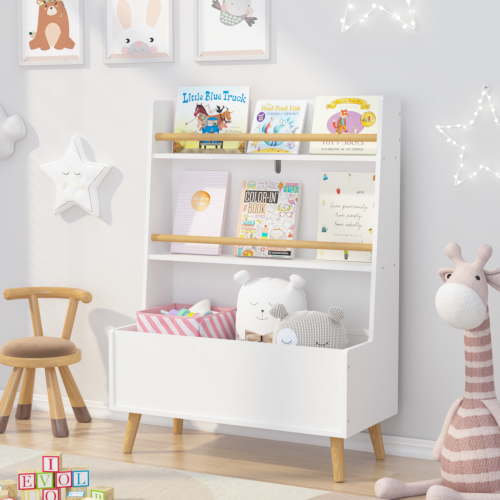 PORKISS Bookshelf for Kids, Wooden Kids Bookcase with Toy Storage Cabinet and 2 Shelves, Freestanding Bookshelf Organizer for Bedroom, Playroom, White