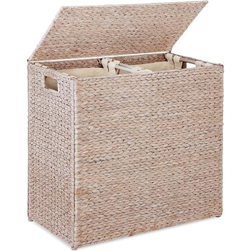 Best Choice Products Large Double Laundry Hamper with Lid, Natural Handwoven Water Hyacinth, 2 Sections w/ 2 Machine Washable Linen Liner Bags, Portable, Handles - Natural