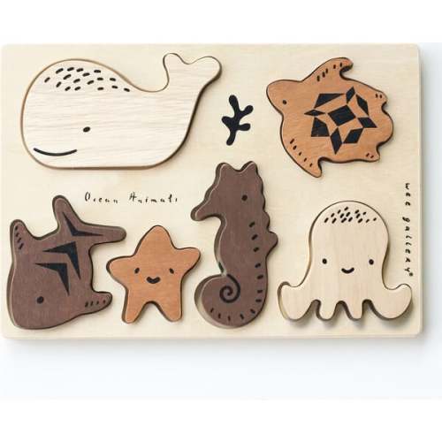 WOODEN TRAY PUZZLE - OCEAN ANIMALS - 2ND EDITION, Brown - Wee Gallery | Maisonette