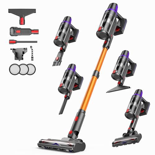TechRise Cordless Vacuum Cleaner, 550W/45Kpa/60 Mins for Pet Hair & Floors | HEPA Filter, Self-Standing Design, Anti-Tangle Brush & LED Light for Carpets and Hard Floor Cleaning