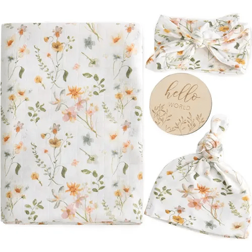 LifeTree Newborn Swaddle Set with Matching Hat and Bow Set, Wooden Birth Announcement Card, Floral Baby Girl Newborn Receiving Blankets Baby Swaddle Nursery Wildflower