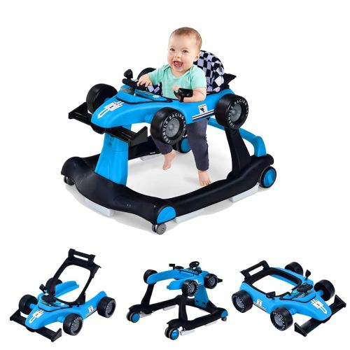 GLACER Andador plegable para bebés, 4 en 1 con altura y velocidad ajustables, música, luz, volante y cojín lavable, centro de actividades para niños y niñas de 6 a 18 meses (azul)