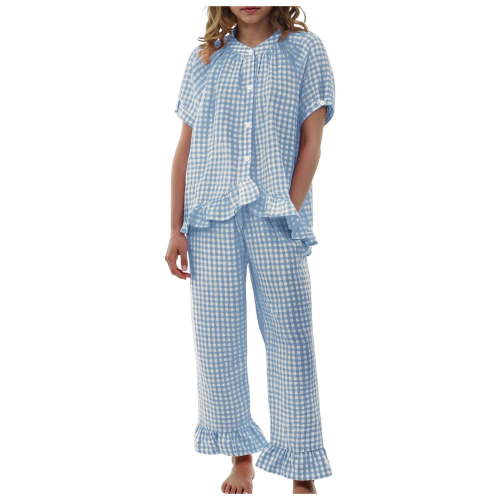 adviicd Womens Plaid 2 Piece Sets Gingham Button Down Puff Sleeve Babydoll Shirt Ruffle Pants Y2K Lounge Set (Blue, XL)