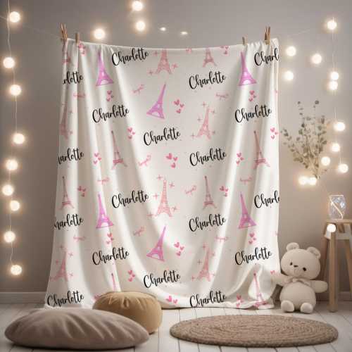Personalized Paris Baby Blanket | Custom Name Baby Blanket | Eiffel Tower Nursery Blanket | Baby Shower Gift | Soft Bonjour Velveteen Throw