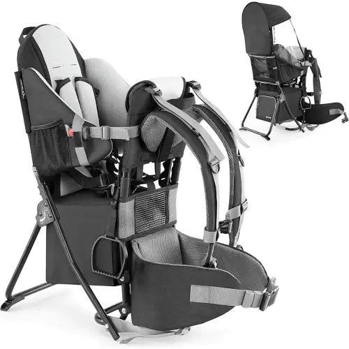 besrey Baby Backpack Carrier, Toddler Hiking Backpack with Safety 3-Height Seat, Adjustable Straps&Waist Belt, Foldable Frame Lightweight Large Capacity Child Carrier for Hiking (Black)