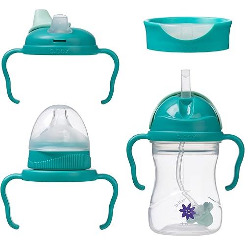 b.box + Lansinoh Time to Sip Starter Cup Set (3m+ to Toddler) | 1 Cup with 4 Lids – Nipple, Spout, Weighted Straw, Training | BPA-Free, Dishwasher Safe, Easy-Grip | 8 Ounces | Tropical Sea