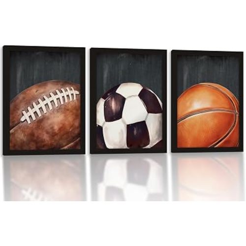 Football Soccer Basketball Framed Wall Art, 3 Piece Set, 12x16 Inch