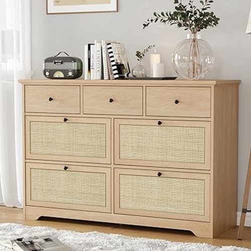 Brafab 47.2'' Rattan Dresser for Bedroom, 7 Drawer Mid-Century Natural Wood Dressers, Long Dresser TV Stand, Boho Closet Organizer Chests of Drawer