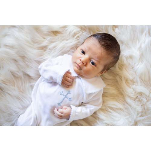 Hunter Baptism Footie-White w Blue Trim-Baptism Boy Outfit- Boy Footed Christening Outfit-Dedication Outfit-Pima Cotton Baby