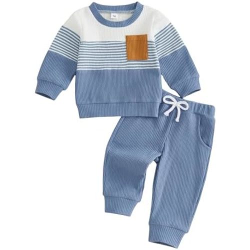 Socutebabe Toddler Baby Boy Clothes Infant Fall Winter Outfits Striped Waffle Long Sleeve Crewneck Sweatshirts Pants 0-3T
