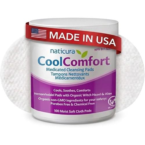 Naticura CoolComfort Witch Hazel Wipes for Hemorrhoid Treatment 100 Pads | Made in USA, Organic Witch Hazel & Aloe Pads, Postpartum Recovery, Fast Cooling Relief, Burning, Itching & Swelling Relief