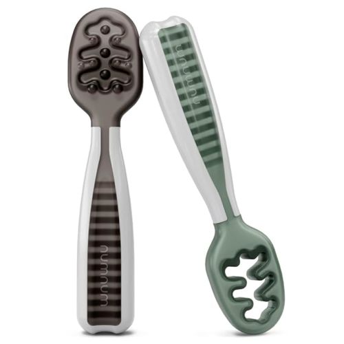 NumNum Baby Spoons Set, Baby Essentials Pre-Spoon GOOtensils for 6+ Months, First Stage Self-Feeding Spoons for Baby Led Weaning (BLW), Silicone Toddler Utensils, BPA-Free, 2 Pack Gray/Green