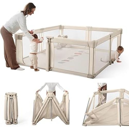 Foldable Baby Playpen,Portable Indoor & Outdoor Playpen for Babies and Toddlers,59”x79”Extra Large Play Pen with Gate,Collapsible Baby Fence with Travel Bag(Light Khaki)