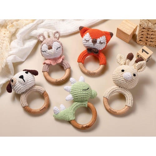 Personalized Crochet baby Rattle, Wooden Animal Rattle, Name Engraving Grasping Rattle, Baby Shower Gift, Newborn Gift, Christmas Gifts
