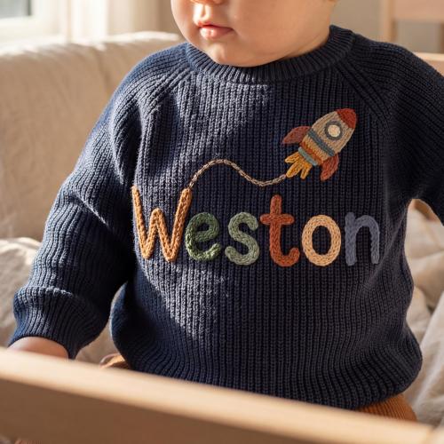 Personalized Baby Sweater with Rocket| Space Theme Baby Gift | Custom Knit Newborn Outfit | Baby Shower Gift