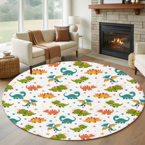 Dinosaurs Round Area Rug 5ft, Green Orange Blue Cartoon Dinosaurs Washable Non-Slip Circle Rugs for Bedroom Living Room Kitchen, Soft Low Pile Carpet for Dining Room Playroom Nursery