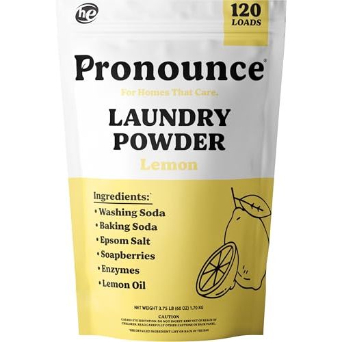 Pronounce Laundry Detergent Powder Alternative | Earth-Derived Ingredients, Eco-Friendly, Safer for Sensitive Skin, Eczema, and Babies. Stain + Smell Fighting. HE Safe (Lemon, 120 Loads).