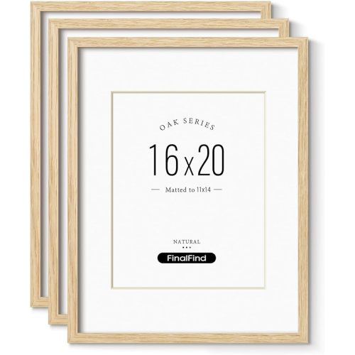 Minimalist 16x20 Frames with Mat for 11x14 Set of 3, Natural Solid Oak Wood 16x20 Frame, Lightweight for Wall Mounting(3 Pack, Oak)