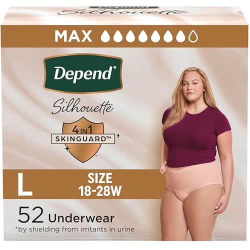 Depend Silhouette Adult Diapers, Incontinence & Postpartum Bladder Leak Underwear for Women, Maximum Absorbency, Large, Pink, 52 Count (2 Packs of 26), Packaging May Vary
