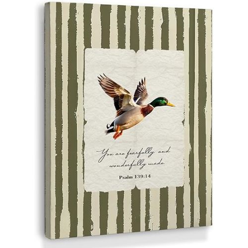 XINCEYWJ Mallard Duck Christian Wall Art Decor, Vintage Green Nursery Duck Canvas Art Prints Framed, Cottagecore Bible Verse Scripture Pictures Wall Decor for Home Bedroom Living Room, 11x14 Inches