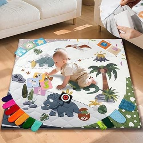 TINYHARBO Premium Foam Baby Play Mat 50x50, 4 Developmental Zones Play Mat with Removable & Machine Washable Cover, Extra Thick Padding Playpen Mat, Easy to Clean for Infants, Toddlers & Babies