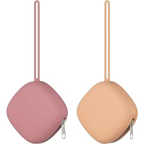 2 Pack Silicone Pacifier Holder Case, Portable Pacifier Case For Diaper Bag, BPA Free Newborn Baby Pacifiers Silicone Pouch For Boys & Girls (Apricot+Powder Rose)