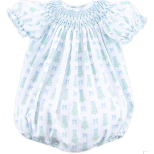 Christmas Tree Bow Blue Smocked Bubble