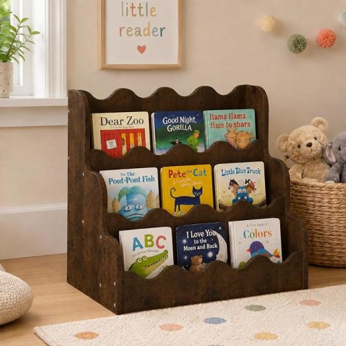 NACHES 3-Tier Montessori Bookshelf for Kids - Wooden Front-Facing Book Display Rack with Wave Design, Toy Organizer for Toddler Nursery, Bedroom, Classroom & Playroom, Small Rustic Brown