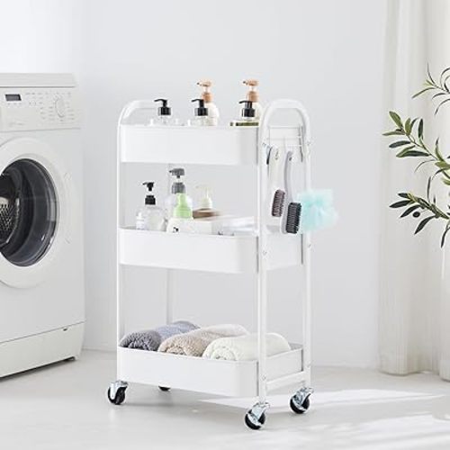 MAX Houser 3-Tier Rolling Utility Cart with Caster Wheels,Easy Assembly, for Kitchen, Bathroom (White)
