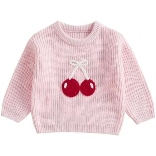 Toddler Baby Girl Embroidery Cherry Sweaters Crew Neck Jumpers Spring Casual Long Sleeve Knitted Pullover Tops