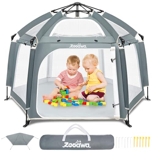 Zooawa Pop Up Playpen for Baby, 150*100 cm(L*H) Playpen for Babies and Toddlers with Removable Sun-Shades& 2 Side UV Covers, Lightweight Outdoor Baby Play pen for Beach Home with Travel Bag,Light Gray