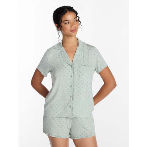 Joyspun Women’s Modal-Blend Ruffle Trim Notch Collar Top and Shorts Pajama Set, 2 Piece, Sizes XS-3X