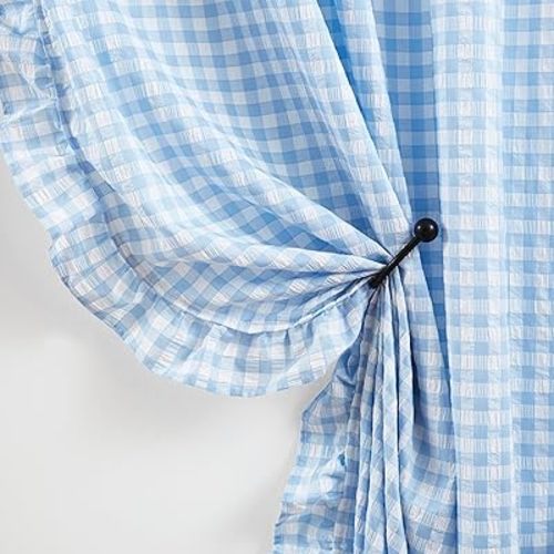 ZJDECOR Baby Blue Buffalo Plaid Not-See-Through Sheer Ruffle Curtains,Woven Crinkled Drapes for Bedroom Living Room,Shabby Chic Window Treatment for Kids Room Nursery,Rod Pocket,40" Wx63 L,Pack of 2