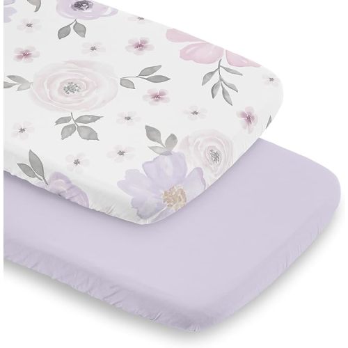 Sweet Jojo Designs 2-Piece Baby Bassinet Sheets Set (Purple/Grey Boho Floral) for Girls, Infant Newborn Nursery, Oval, Rectangle & Hourglass Mattress (Lavender, Vintage Watercolor Garden, Shabby Chic)