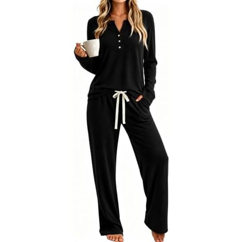Womens Pajamas Set Long Sleeve Loungewear 2 Piece Henley Sleepwear Sets Soft Casual Home Wear with Pocket