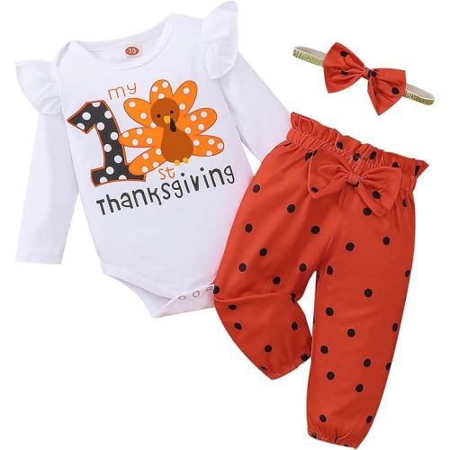 My First Thanksgiving Baby Girl Outfits 1st Thankgiving Gifts Turkey Romper Cute Polka Dot Bell Bottom Pants Headband